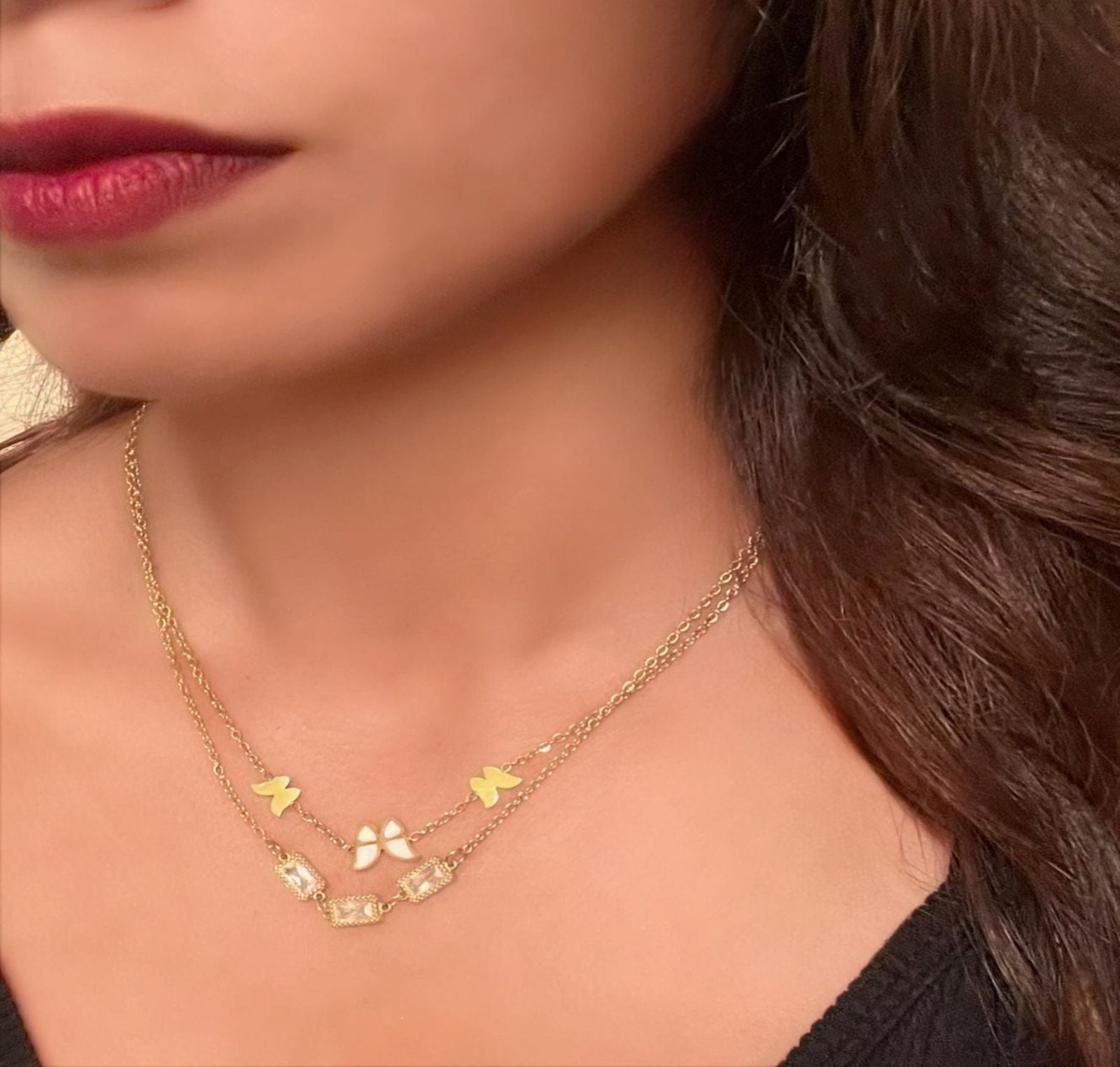 Butterfly and crystal dual-layer 18k gold plated necklace anti-tarnish