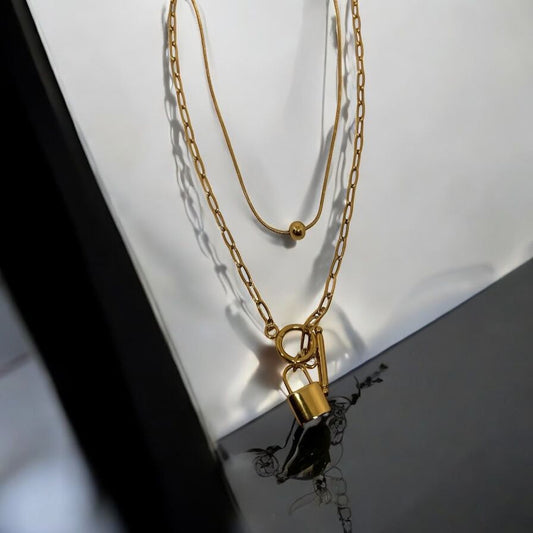 Luxaura Celestial Lock Double-Layered Necklace – 18K Gold Plated Anti-Tarnish Chain with symbolic lock pendant for strength and elegance