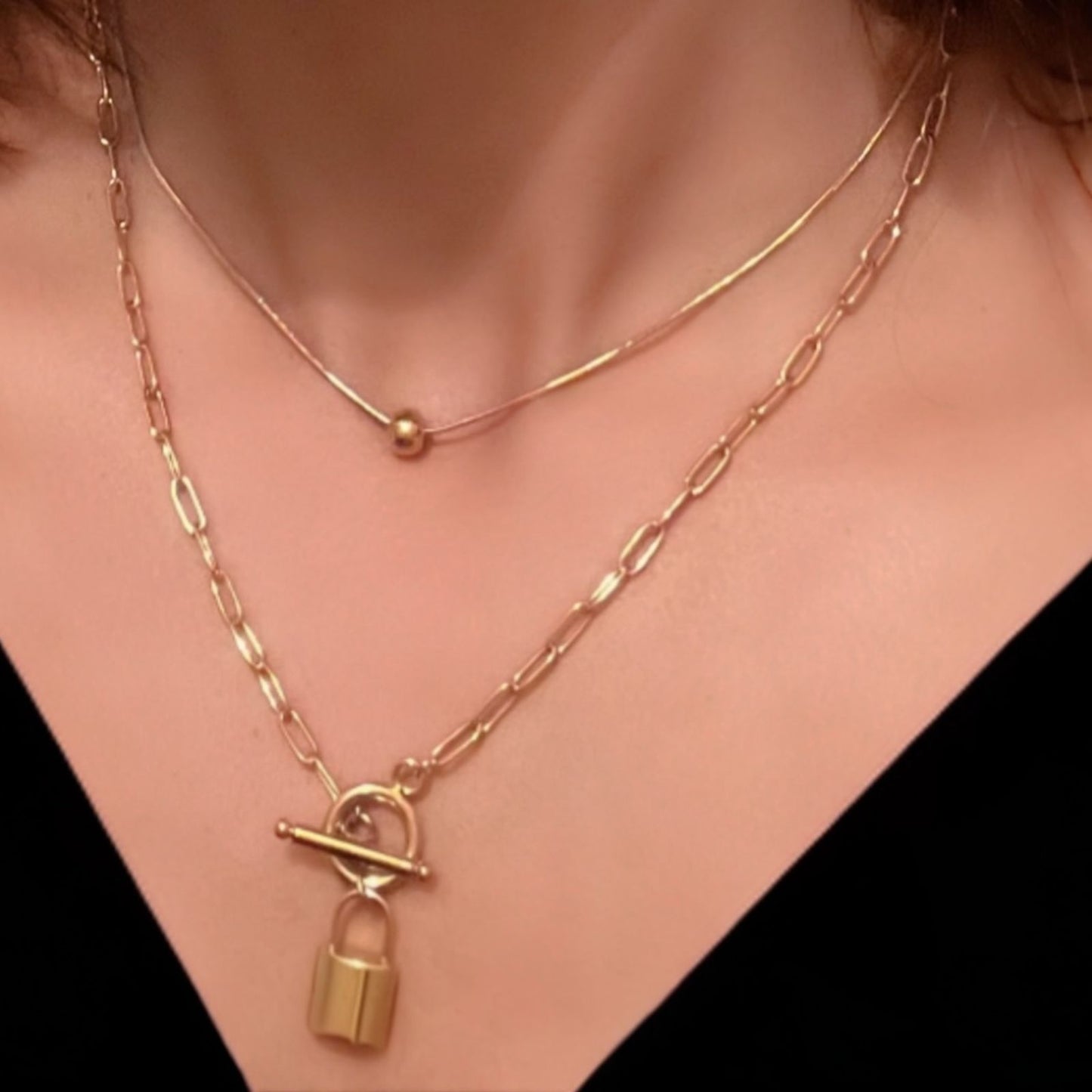 Luxaura Celestial Lock Double-Layered Necklace – 18K Gold Plated Anti-Tarnish Chain