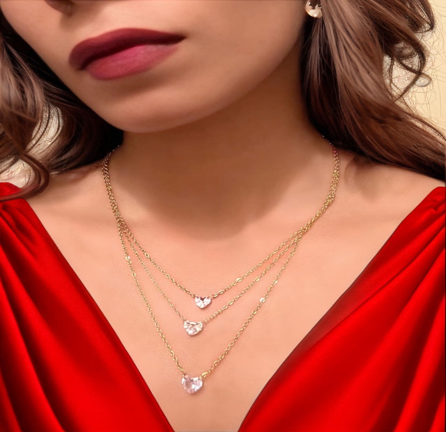 Triple-Layer Crystal Heart Necklace – 18K Gold Plated Anti-Tarnish Layered Chain with Sparkling Hearts
