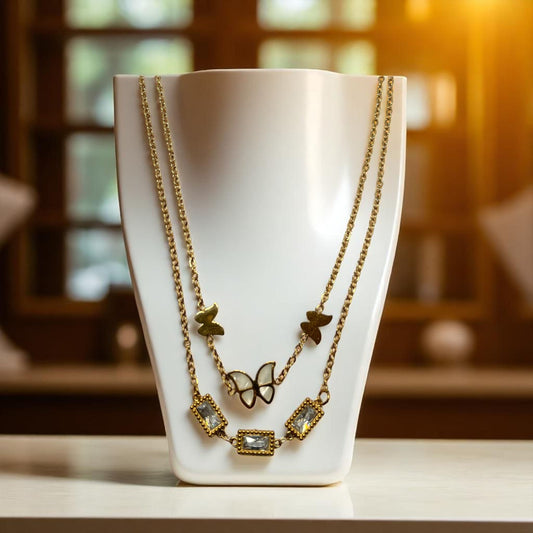 Butterfly and crystal dual-layer gold necklace anti-tarnish