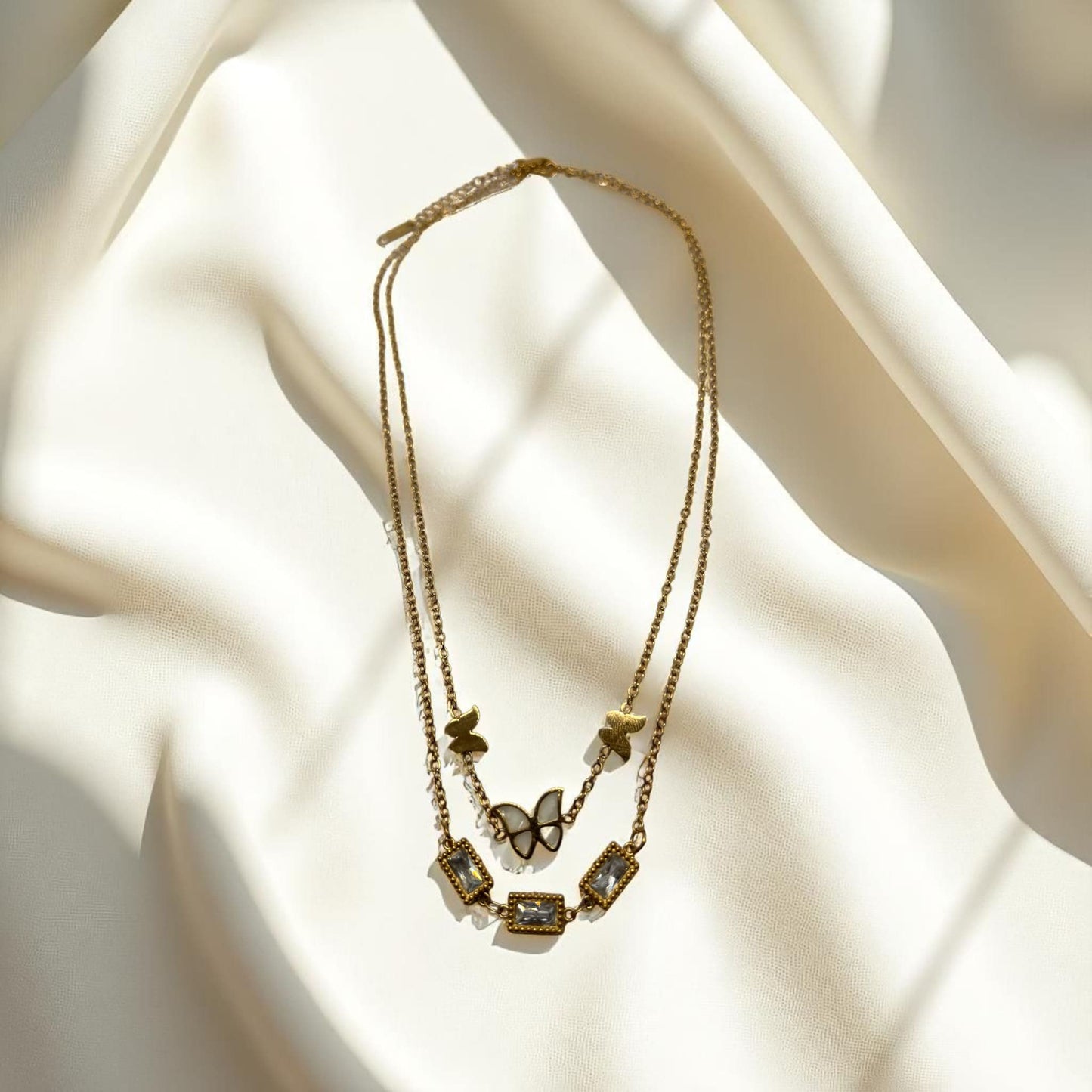 Butterfly and crystal dual-layer gold necklace anti-tarnish