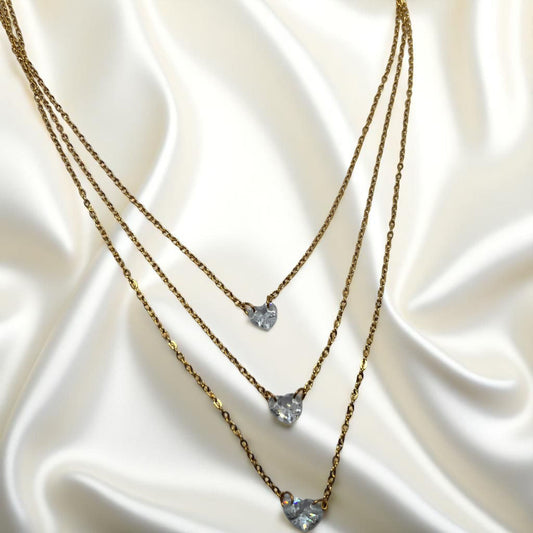 Triple-Layer Crystal Heart Necklace – 18K Gold Plated Anti-Tarnish Layered Chain with Sparkling Hearts