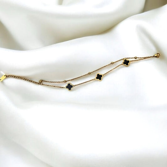Lucky Fortune Double-Layered Black Clover 18k Gold Plated Anti Tarnish Bracelet