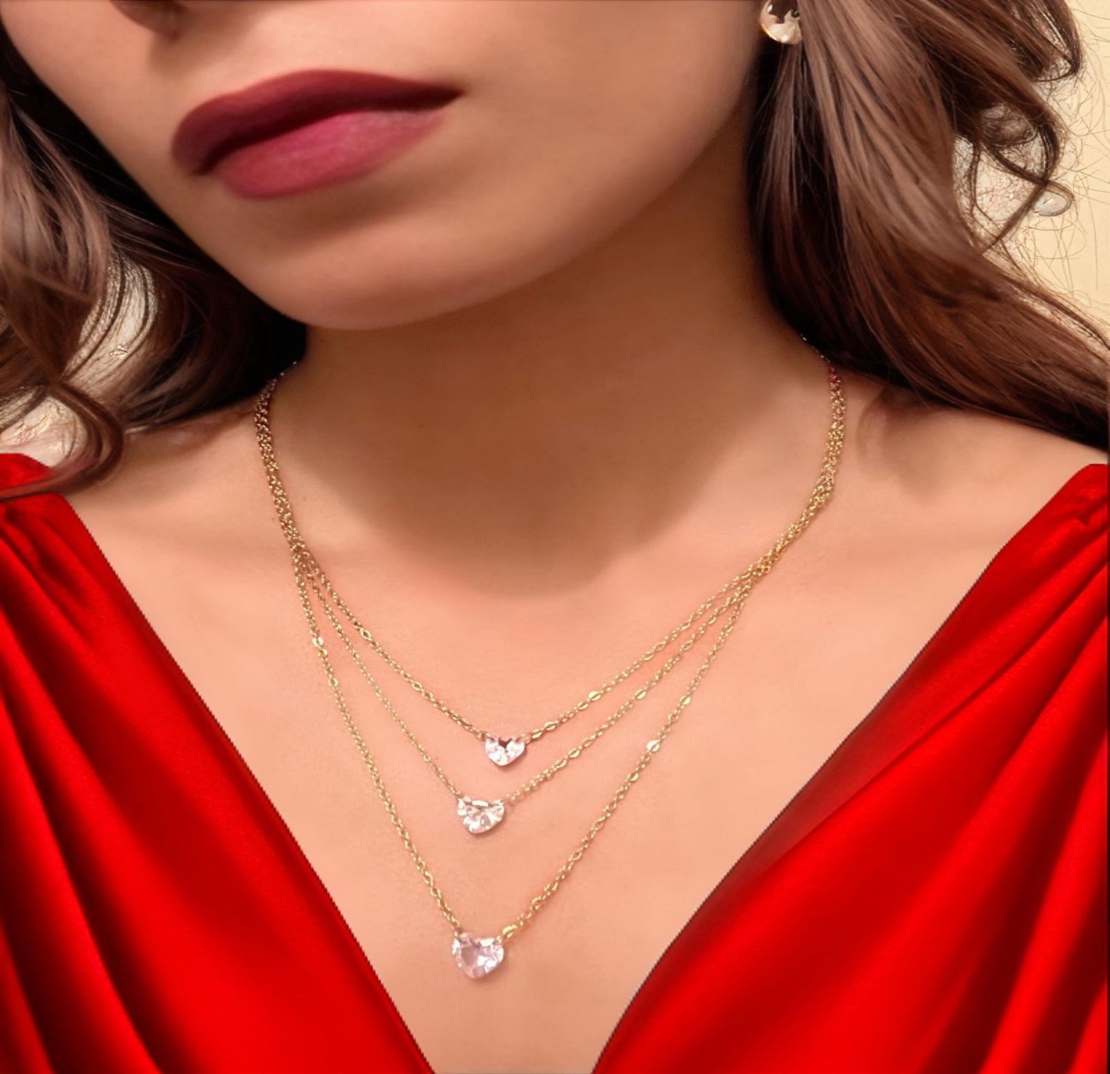 Triple-Layer Crystal Heart Necklace – 18K Gold Plated Anti-Tarnish Layered Chain with Sparkling Hearts